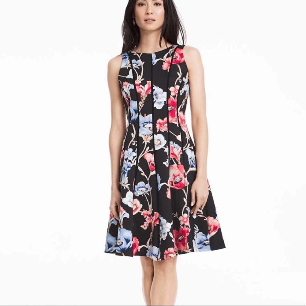 White House Black Market scuba Floral Midi Dress - Black, Red, Blue